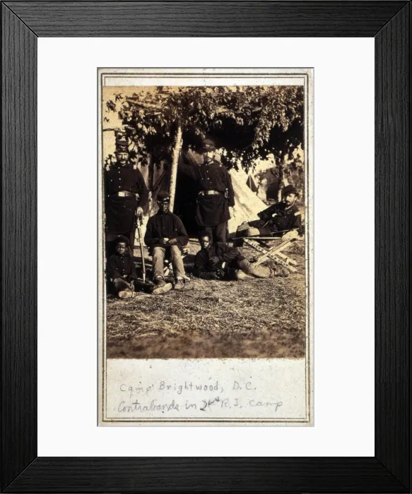 Framed Print : The Civil War. Freed slaves ('contrabands') in the camp of the 2nd Regt. Rhode Island Volunteer Infantry. Washington, DC. cabinet card ca. 1861-1864