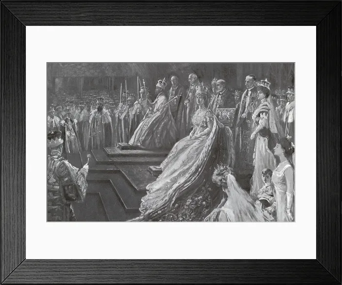 Framed Print : England. Coronation of George V. The Kings on their thrones after the ceremony of coronation. Illustration by D. MacPherson. 1911.. Engraving