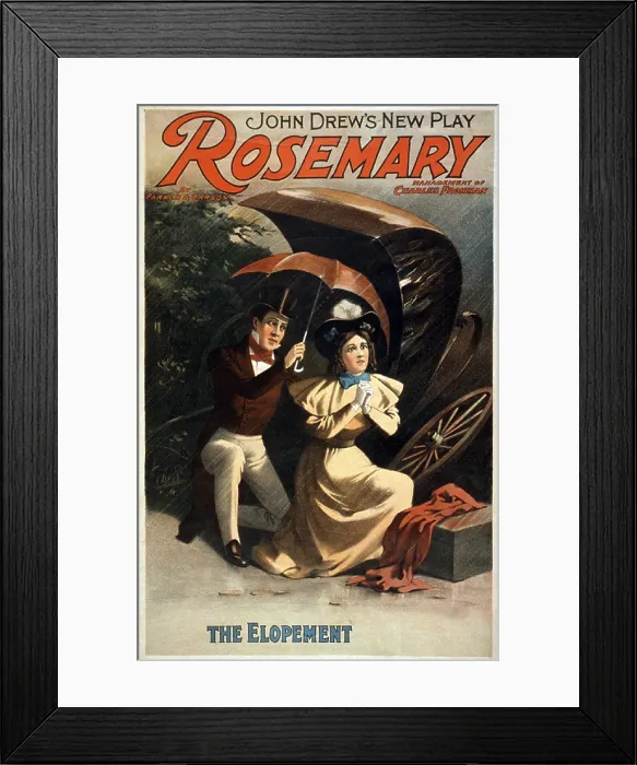 Framed Print : Poster featuring the elopement scene from Charles Froman's 1896 play, ROSEMARY, starring John Drew, Louis Napoleon Parker, and Murray Carson. Color lithograph, 1896