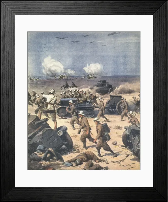 Framed Print : World War II. Libya (North African Campaign). Italian troops in Cyrenaica progress to Egypt. Illustration by Antonio Beltrame. 'La Domenica del Corriere' Framed Print : World War II. Libya (North African Campaign). Italian troops in Cyrenaica progress to Egypt. Illustration by Antonio Beltrame. 'La Domenica del Corriere'