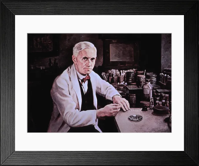 Framed Print : Alexander Fleming (1881-1955), at laboratory table. Painting by Dean Fausett