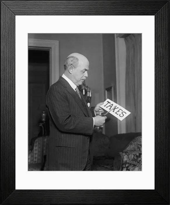 Framed Print : Nicholas Longworth (1869-1931), Republican Majority Leader, cutting label taxes. Longworth was a conservative Republican, who supported balanced budgets. 1923