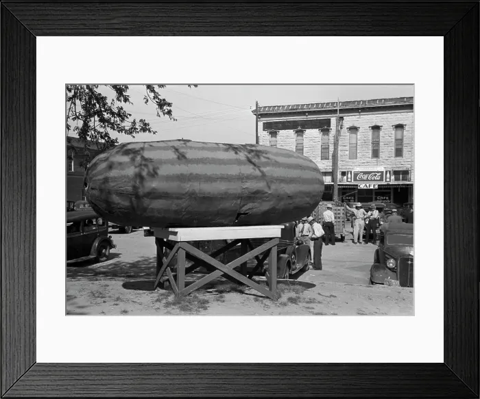 Framed Print : Statue to the watermelon, Weatherford, Texas, watermelon center, photograph by Lee Russell, May, 1939 Framed Print : Statue to the watermelon, Weatherford, Texas, watermelon center, photograph by Lee Russell, May, 1939
