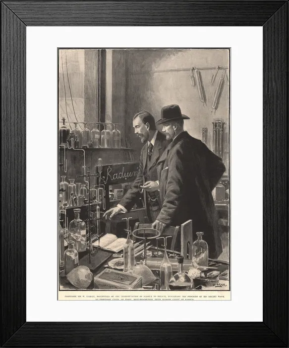 Framed Print : Professor Sir W. Ramsay, discoverer of the transmutation of radium to helium, describing the progress of his recent work to Professor Curie
