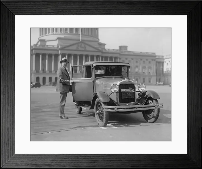 Framed Print : George W. Norris (1866-1944), Progressive Republican Senator from Nebraska from 1913-1942, standing next to his Ford in the Capitol parking lot. Ca. 1928-29 Framed Print : George W. Norris (1866-1944), Progressive Republican Senator from Nebraska from 1913-1942, standing next to his Ford in the Capitol parking lot. Ca. 1928-29