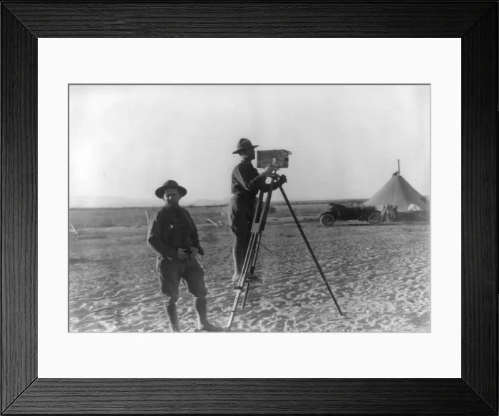 Framed Print : The Mexican War, Tracy Mathewson and William Fox, news photographers in camp with movie camera, photograph January 29, 1914
