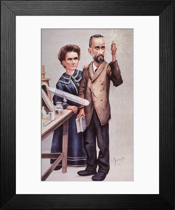 Framed Print : Caricature of Pierre and Marie Sklodowska Curie, who discovered radium and polonium. Ca. 1900