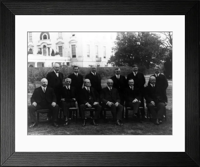 Framed Print : President Warren G. Harding and his cabinet posed on the White House Lawn in 1921. The strong members, Andrew Mellon, Herbert Hoover, and Charles Evans Hughes performed well