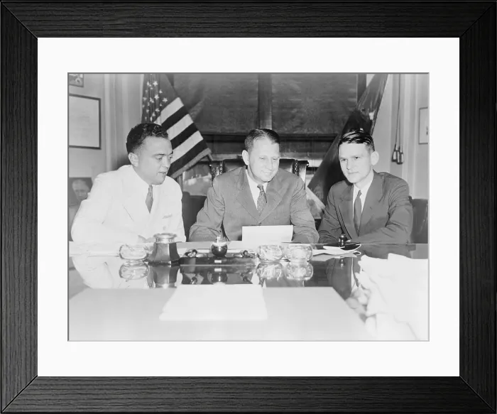 Framed Print : FBI Director J. Edgar Hoover and William Stanley, in a Justice Department meeting with Melvin H. Purvis, head of the Chicago FBI office