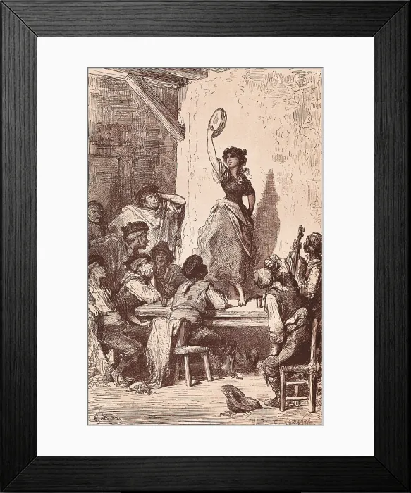Framed Print : DAVILLIER, Jean Charles (1823 - 1883); Dore, Paul Gustave (1832-1883). L'Espagne. 1874. Gypsy dancing in a pub in Sevilla. Engraving. SPAIN. Madrid. National Library. - J