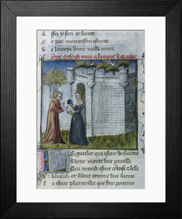 Framed Print : The Romance of the Rose. s.XIV. Gallant scene between lovers. The maid offers to open the door to her lover. Gothic art. Miniature Painting. SPAIN. Valencia Framed Print : The Romance of the Rose. s.XIV. Gallant scene between lovers. The maid offers to open the door to her lover. Gothic art. Miniature Painting. SPAIN. Valencia
