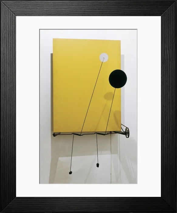 Framed Print : CALDER, Alexander (1898-1976). White disk, black disk. 1940-1941. Mixed installation of wood and painted metal disks, steel and engine. Sculpture. SPAIN. Barcelona