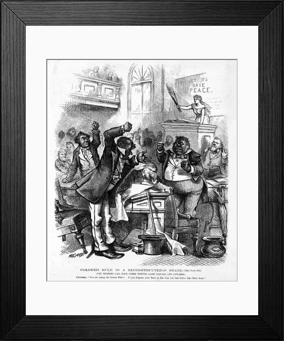 Framed Print : Colored rule in a reconstructed state. Cartoon showing members of the South Caroline Legislature in argument in the House, with Columbia rebuking them. Thomas Nast, artist