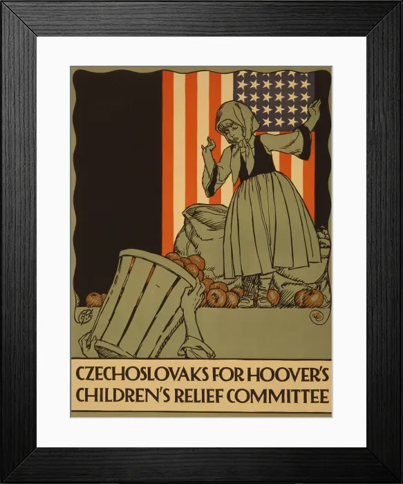 Framed Print : World War I poster, 'Czechoslovaks for Hoover's children's relief committee, ' showing a girl before an American flag, with bags and baskets of produce Framed Print : World War I poster, 'Czechoslovaks for Hoover's children's relief committee, ' showing a girl before an American flag, with bags and baskets of produce