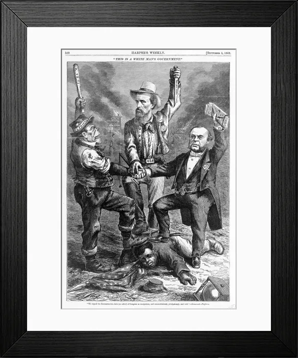 Framed Print : This is a white man's government. An Irish immigrant, a Confederate veteran, and a New York banker unite with their feet holding an African American man to the ground Framed Print : This is a white man's government. An Irish immigrant, a Confederate veteran, and a New York banker unite with their feet holding an African American man to the ground