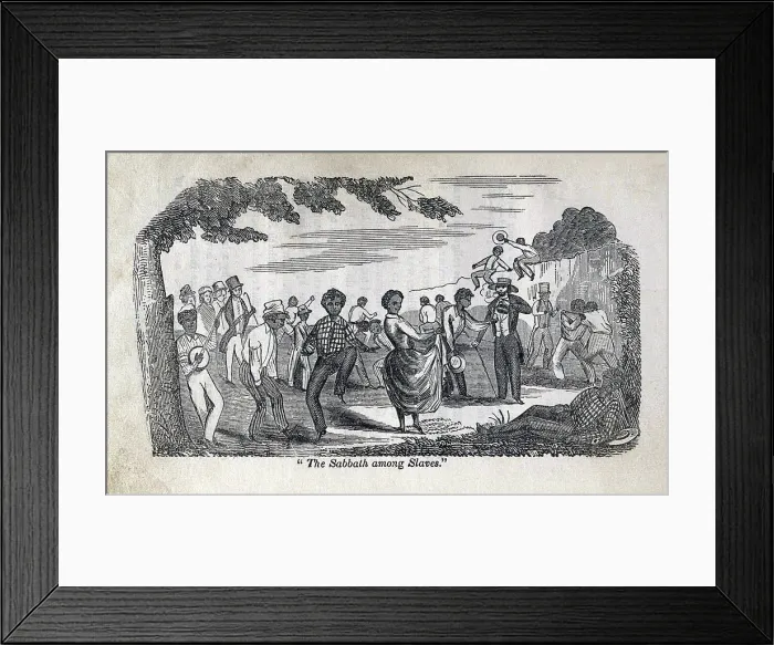 Framed Print : The celebration of the Sabbath among slaves. Illustration showing Afro-American dancing, playing banjo, and resting. Kentucky ca. 1830s