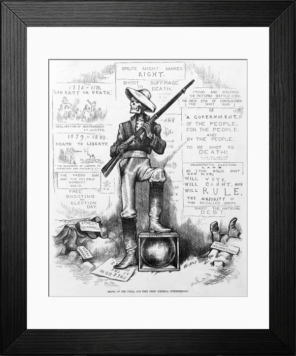 Framed Print : Death at the polls, and free from federal interference'. Skeleton solid Southern shot gun holding shotgun at polls, to prevent African Americans from voting Framed Print : Death at the polls, and free from federal interference'. Skeleton solid Southern shot gun holding shotgun at polls, to prevent African Americans from voting