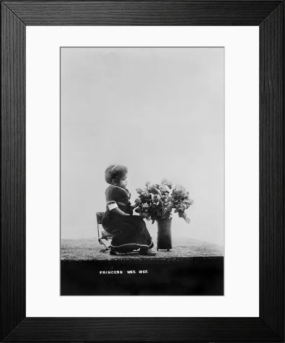 Framed Print : Princess Wee Wee, African American dwarf, full-length portrait, seated, facing right, with bouquet of flowers, 1915