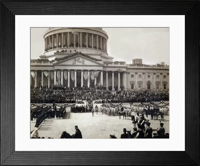 Framed Print : President Roosevelt taking the oath of office, Mar. 4 1905. The east portico of the U.S. Capitol is decorated with flags and masses of people crowd its roofs and balconies