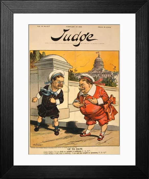 Framed Print : Cartoon showing president elect William Taft (1857-1930) already sparing with his predecessor, Theodore Roosevelt (1858-1919) Framed Print : Cartoon showing president elect William Taft (1857-1930) already sparing with his predecessor, Theodore Roosevelt (1858-1919)