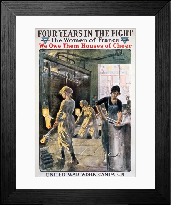 Framed Print : Four years in the fight'. Women working in a munitions factory during World War I. YWCA fundraising poster. Color lithograph, ca. 1918 Framed Print : Four years in the fight'. Women working in a munitions factory during World War I. YWCA fundraising poster. Color lithograph, ca. 1918