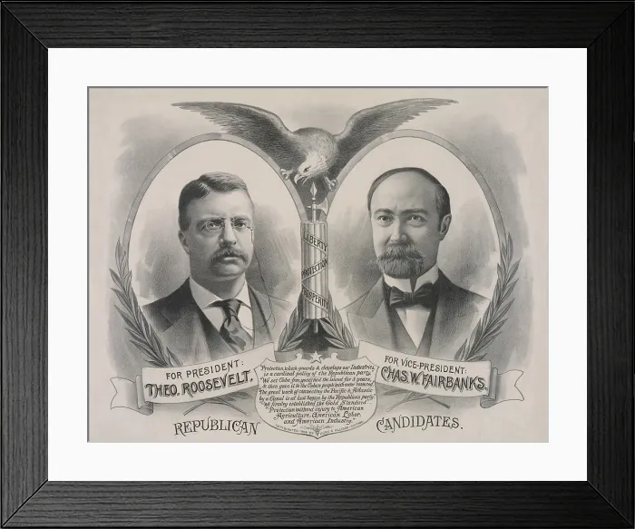 Framed Print : Campaign poster of the 1904 Republican candidates for President. Theodore Roosevelt and Charles W. Fairbanks for Vice President