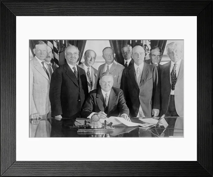 Framed Print : President Herbert Hoover (1874-1964) signing a Farm Relief Bill, in June 1929, witnessed by nine leaders in Congress
