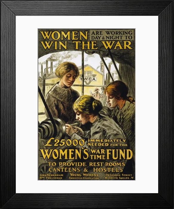Framed Print : Women are working day & night to win the war'. Women working at a lathe in a factory during World War I. YWCA fundraising poster. Color lithograph, ca. 1915
