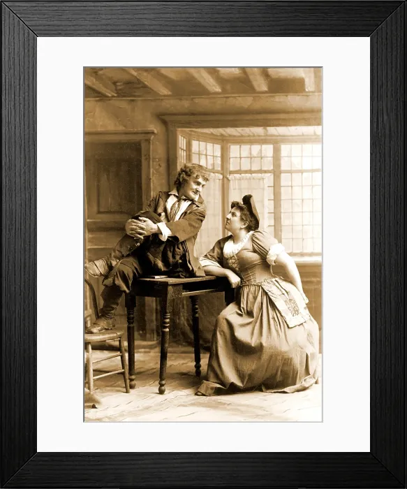 Framed Print : Joseph Jefferson (1829-1905), American actor, seated on table, looking at a woman before the sleep of 20 years. 1894