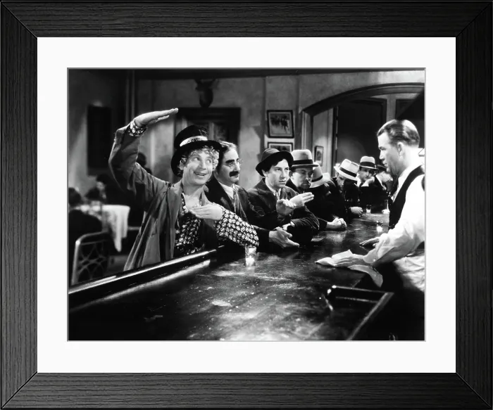 Framed Print : HORSE FEATHERS, Harpo Marx, Groucho Marx, Chico Marx, Vince Barnett, 1932, ordering at the bar