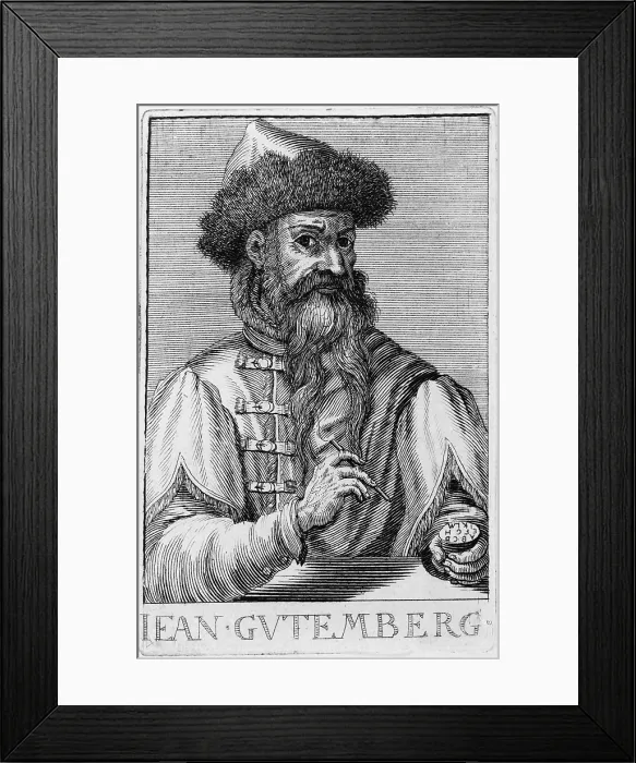 Framed Print : Johann Gutenberg (1400-1468) first European who used movable type, holding printing tools. Portrait based on 1450 painting