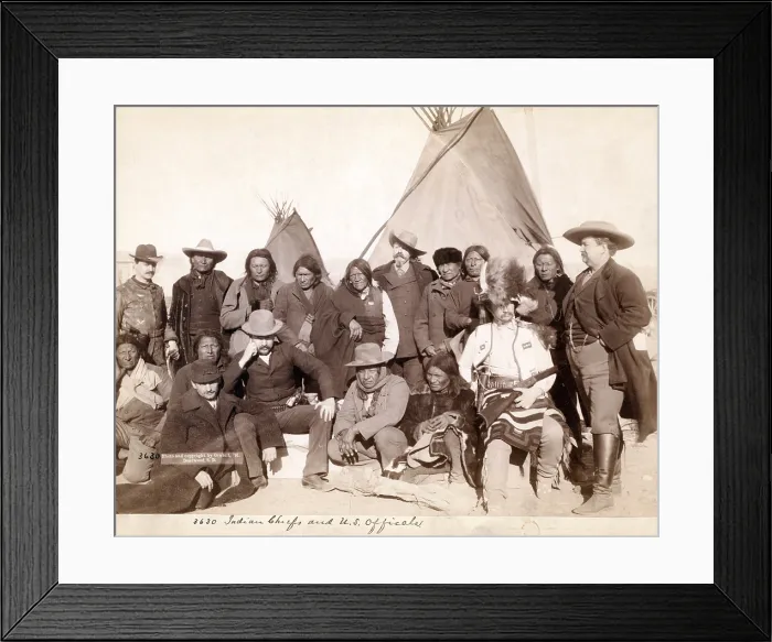 Framed Print : Lakota (Brul, Miniconjou, and Oglala) chiefs and U.S. officials in front of tipis at Pine Ridge Reservation. Pine Ridge, South Dakota. Photo by John C. Grabill. 1891