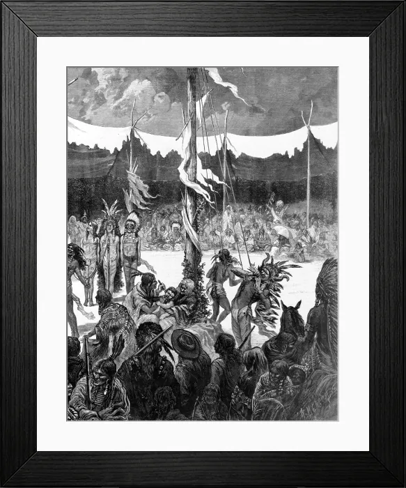 Framed Print : Cheyenne sun dance--young bucks proving their endurance by self-torture. wood engraving 1875