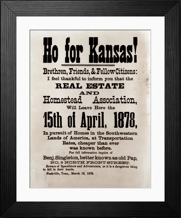Framed Print : Ho for Kansas! A broadside by Benjamin Singleton calling on African Americans to settle in Kansas. March 18, 1878