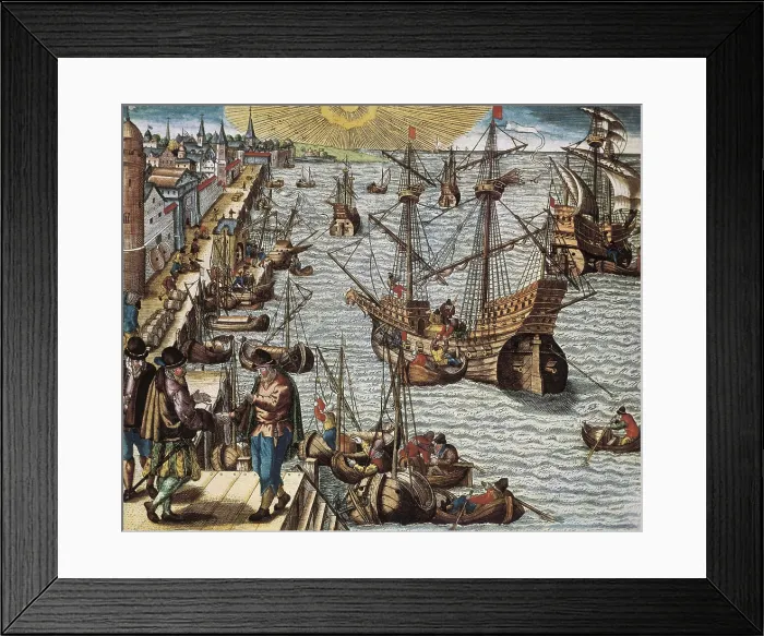 Framed Print : Portugal (16th c.). Departure from the harbor of Lisbon towards the Oriental IndiaAmerica and Brazil. Engraving. AISA / Everett Collection (17593)**US SALES ONLY**
