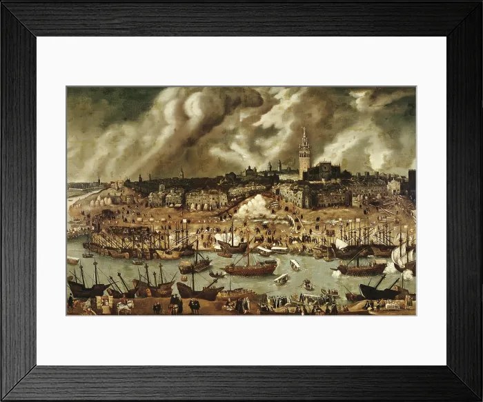 Framed Print : SANCHEZ COELLO, Alonso (1531-1588). The Port of Sevilla. end 16th c. Detail. Renaissance art. Oil on canvas. SPAIN. Madrid. America's Museum
