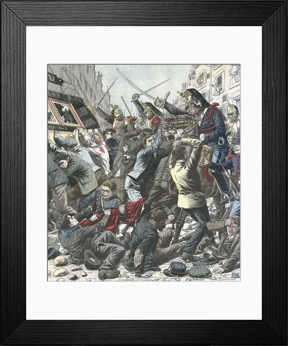 Framed Print : France. The cavalry charges against demonstrators in the 1st May 1906. 'Le Petit Journal'. May 131906. Engraving