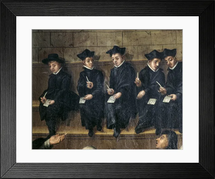 Framed Print : CERVERA, Martin de (2nd half 16 c.-1st half 17 c.). University classroom. 1614. Painting decorating one of the doors of the manuscript store. Detail of students. Oil on wood Framed Print : CERVERA, Martin de (2nd half 16 c.-1st half 17 c.). University classroom. 1614. Painting decorating one of the doors of the manuscript store. Detail of students. Oil on wood