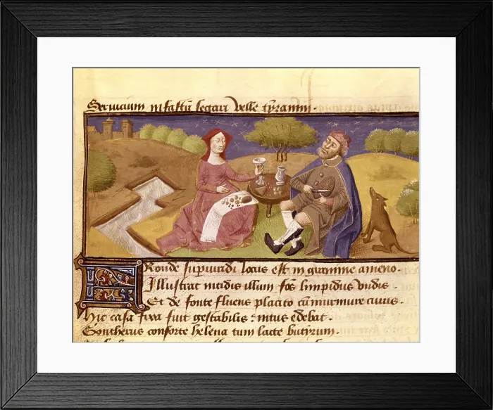 Framed Print : Controversia de nobilitate. 1420 - 1430. Meal in the countryside. Illustration by Bonaccursius de Montemagno, 15th century. Gothic art. Miniature Painting. PORTUGAL. Lisbon Framed Print : Controversia de nobilitate. 1420 - 1430. Meal in the countryside. Illustration by Bonaccursius de Montemagno, 15th century. Gothic art. Miniature Painting. PORTUGAL. Lisbon