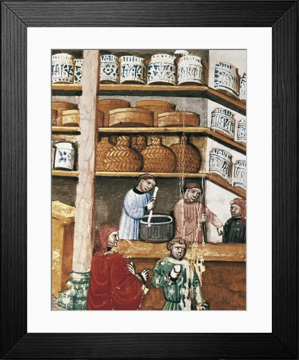 Framed Print : AVICENNA (980-1037). Canon of Medicine. ca. 1020. Pharmacy scene. Detail. Illuminated page in manuscript of 15th c. after hebrew translation of 13th. c. Renaissance art
