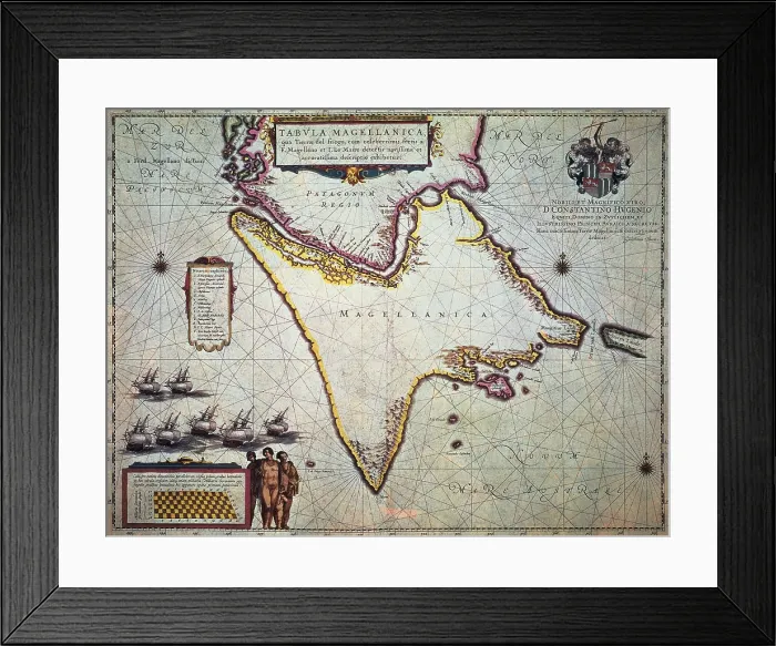 Framed Print : MAGELLANDFerdinand (1480-1521). Portuguese navigator and discoverer. Map of the Magellan's Trip (Ferdinand Magellan) (1519). Southern of the Patagonia and Tierra Del Fuego