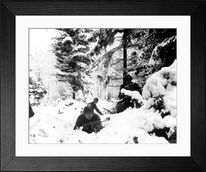 Framed Print : World War II. US Army infantrymen take cover in the snow in the Ardennes, Belgium. Dec 1944-January 1945 Framed Print : World War II. US Army infantrymen take cover in the snow in the Ardennes, Belgium. Dec 1944-January 1945