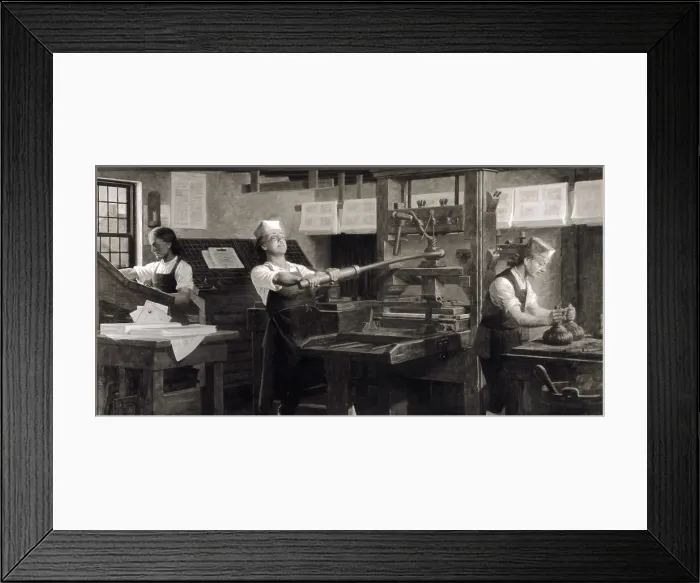 Framed Print : Benjamin Franklin the printer. Illustration of Ben Franklin as a young man operating his printing press in Philadelphia. 1914 illustration of scene ca 1720s Framed Print : Benjamin Franklin the printer. Illustration of Ben Franklin as a young man operating his printing press in Philadelphia. 1914 illustration of scene ca 1720s