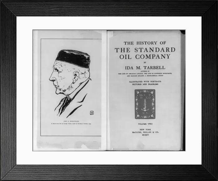 Framed Print : Title page of THE HISTORY OF THE STANDARD OIL COMPANY by Ida M. Tarbell. faced by portrait of John D. Rockefeller by George Varian. 1903