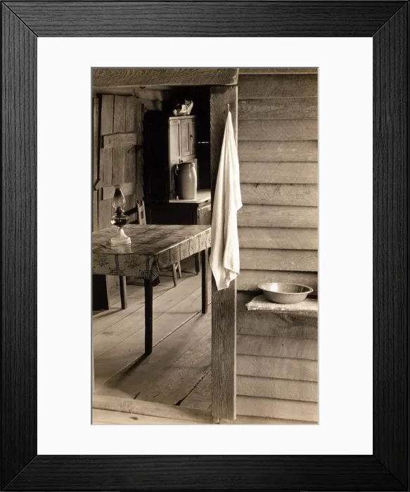 Framed Print : A washstand in the dog run and view into the kitchen in the home of Floyd Burroughs, cotton sharecropper. Hale County, Alabama