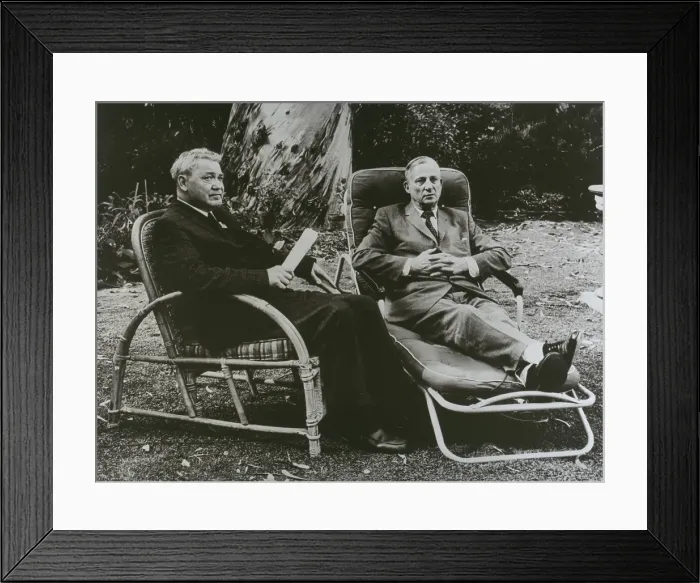 Framed Print : Allan Nevins (1890-1971)(right), and Henry Steele Commager (1902-1998), both eminent American historians, sitting in lawn chairs beneath a eucalyptus tree. 1963