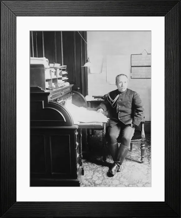 Framed Print : Yasumasa Fukushima (1853-1919), Japanese General and descendant of a noble Samurai family, with a war map
