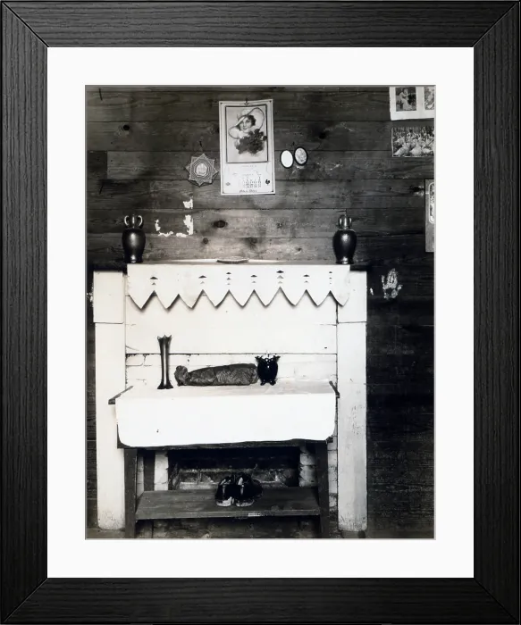 Framed Print : Fireplace in the bedroom of Floyd Burroughs, cotton sharecropper, Hale County, Alabama. Hale County, Alabama. Published in the book, Let Us Now Praise Famous Men