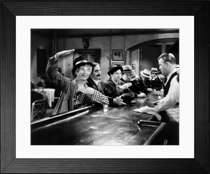 Framed Print : HORSE FEATHERS, from left, Harpo Marx, Groucho Marx, Chico Marx, Vince Barnett, Edgar Dearing, (bartender), 1932