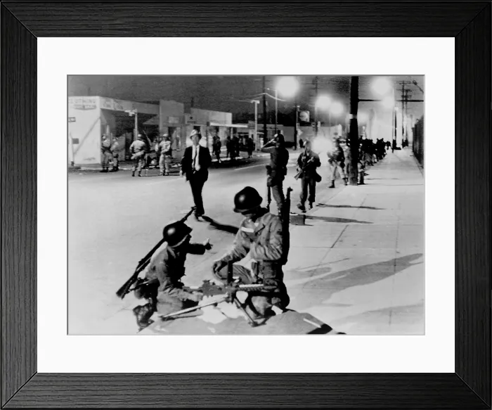 Framed Print : California National Guardsmen take up positions a street in the Watts section of Los Angeles during race riots. Aug. 14, 1965 Framed Print : California National Guardsmen take up positions a street in the Watts section of Los Angeles during race riots. Aug. 14, 1965